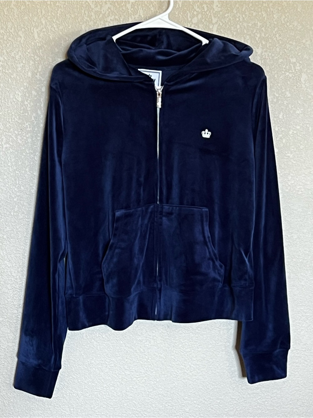 Y2K Aesthetic Navy Blue Velour Juicy Couture Zip-Up Hoodie with Crown Logo
